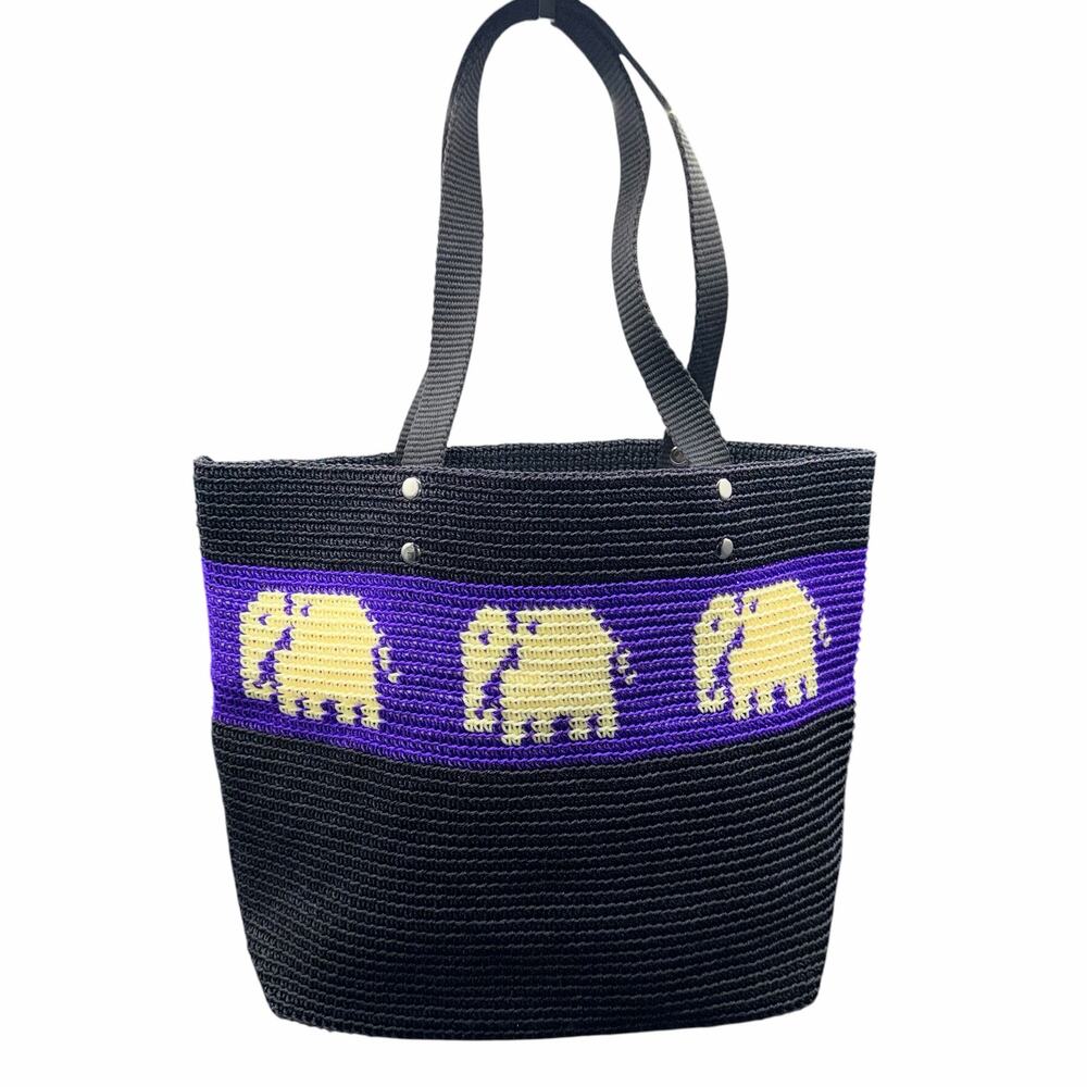 Handmade Elephant Knit Tote Black Purple Structured Bag